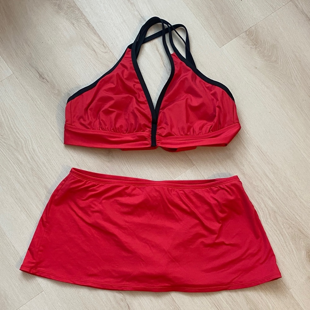 JAG Red Bikini Top and Skirt Set with Black Trim